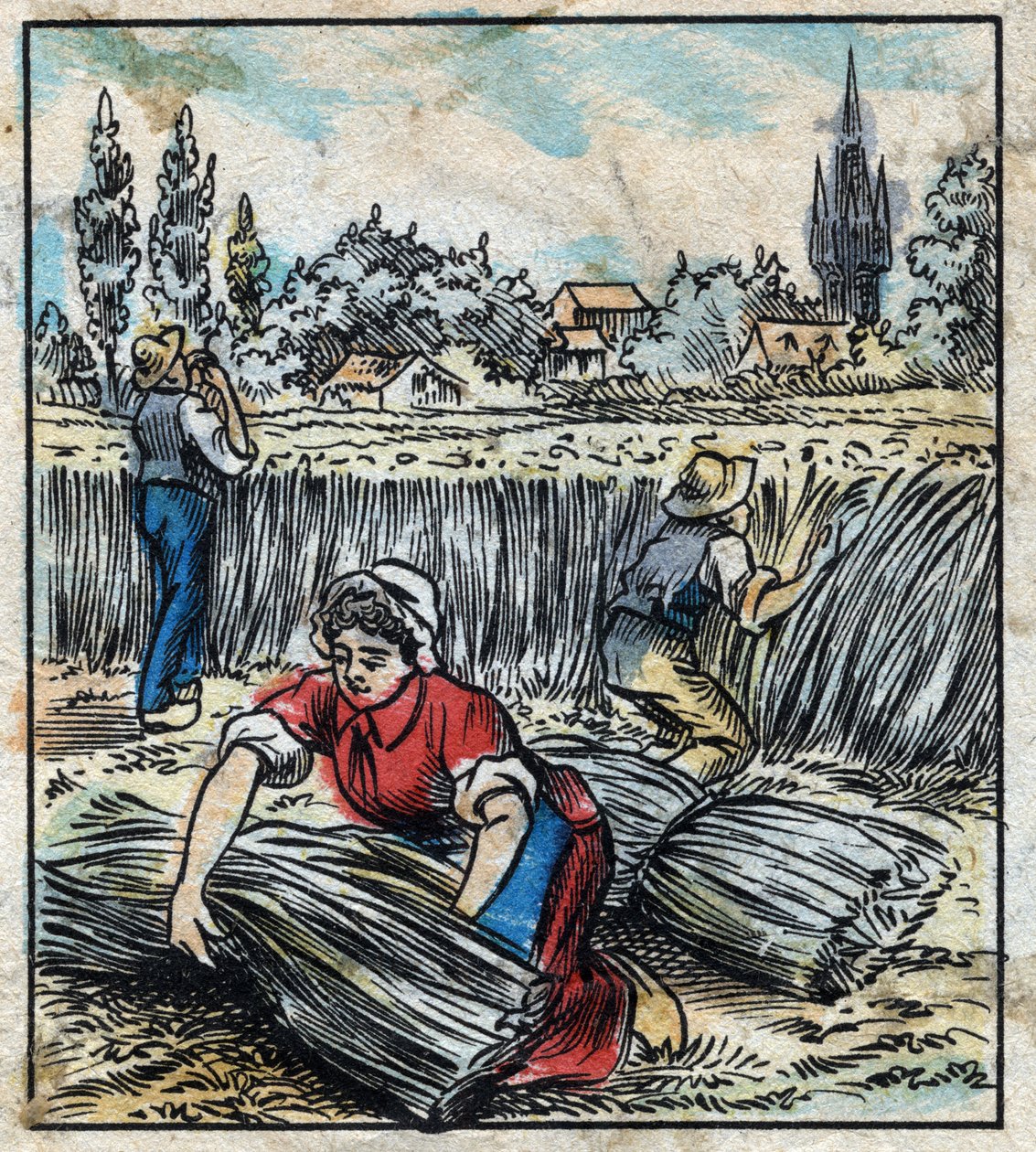 Textil, len: mezőgazdaság. Összegyűjti az ágyneműt, amely egy csomagtartóba van összeszerelve, hogy száraz legyen. Metszés. Epinális képalkotás a 19. század végén. alkotó: French School