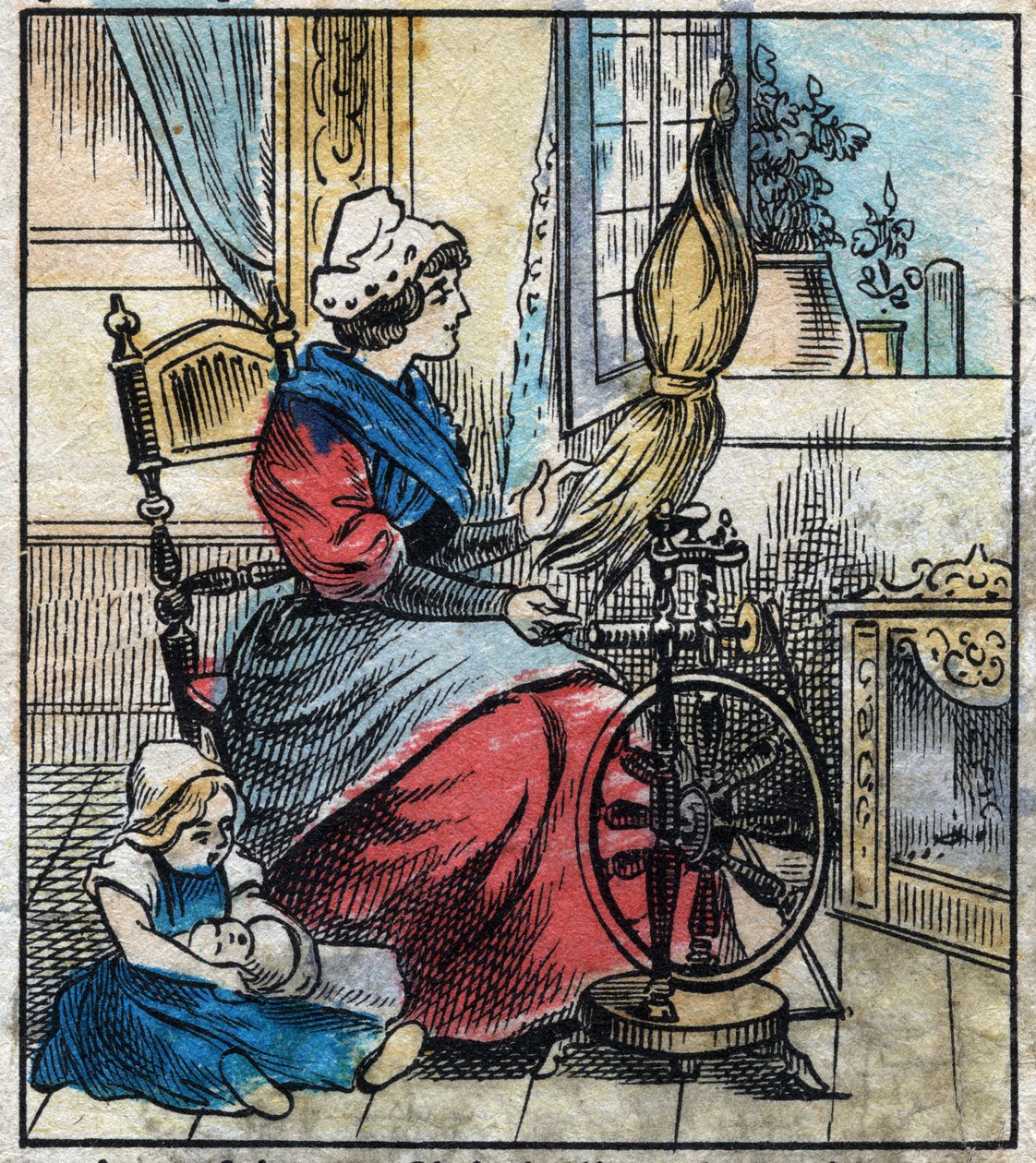 Textil, lenvászon. Egy nő mechanikus fonókorongot használ az ágynemű fonására. Metszés. Epinális képalkotás a 19. század végén. alkotó: French School