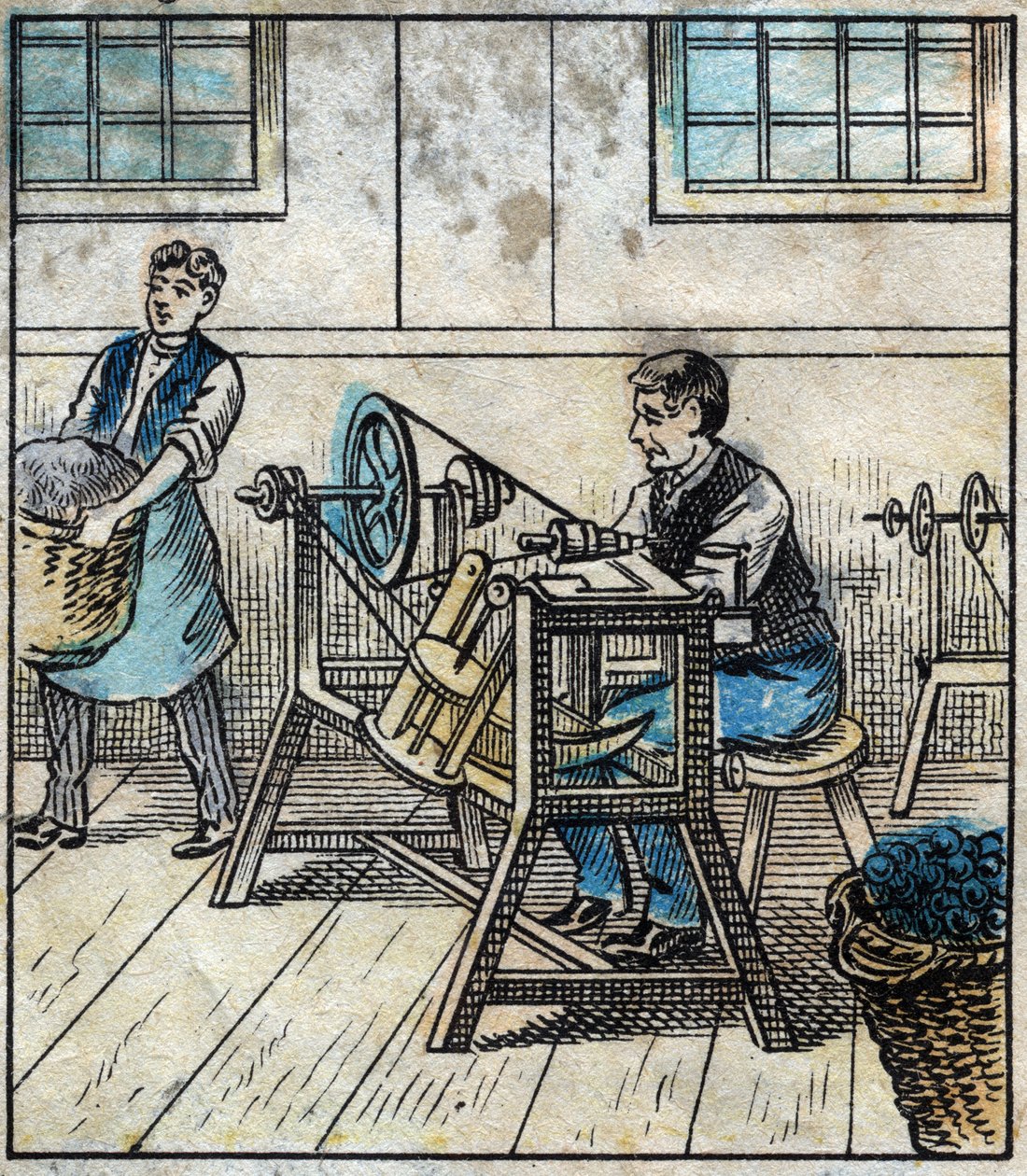 Textil, lenvászon: műhely. A varrócérna kártyákra vagy tekercsekre van fektetve. Metszés. Epinális képalkotás a 19. század végén. alkotó: French School
