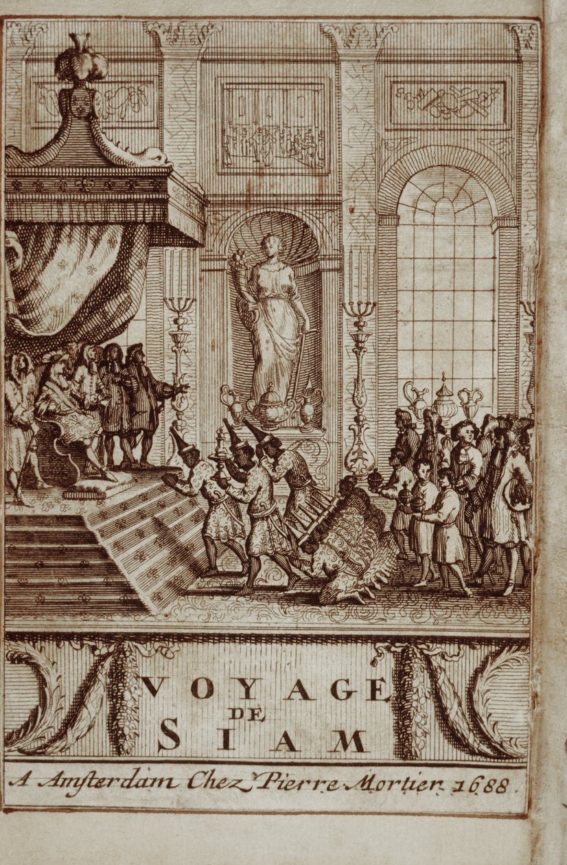 XIV. Lajos thai nagyköveteket fogadott Párizsban, Guy Tachard Utazás Sziámba címlapja, 1688 alkotó: French School