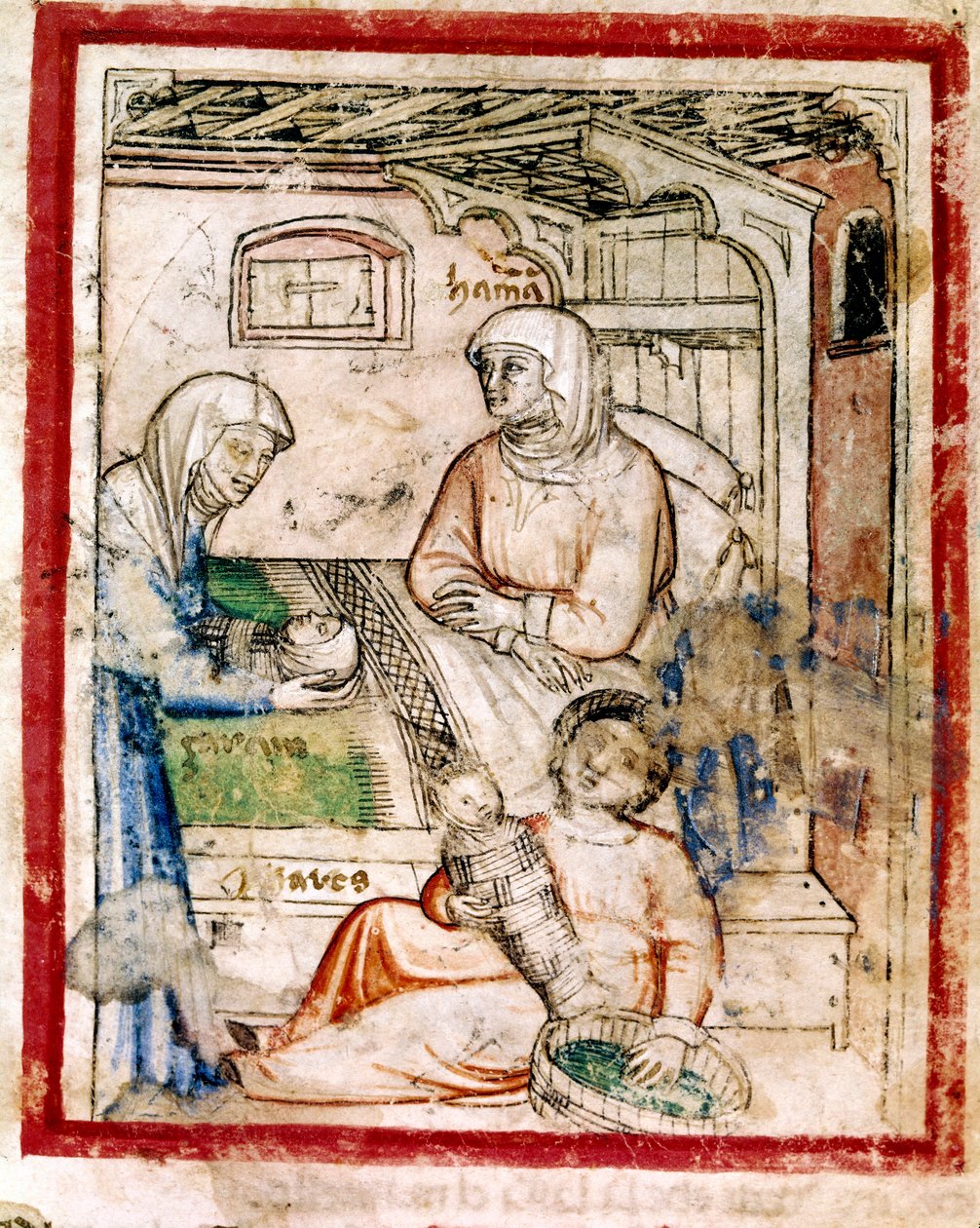 Thamar (Tamar) két ikertestvért szül, Perets és Zerah, Júda fia. Miniatűr a 212-es kódexből (vagy padovano kódexből vagy Páduai Bibliából) 1390-1400 alkotó: French School