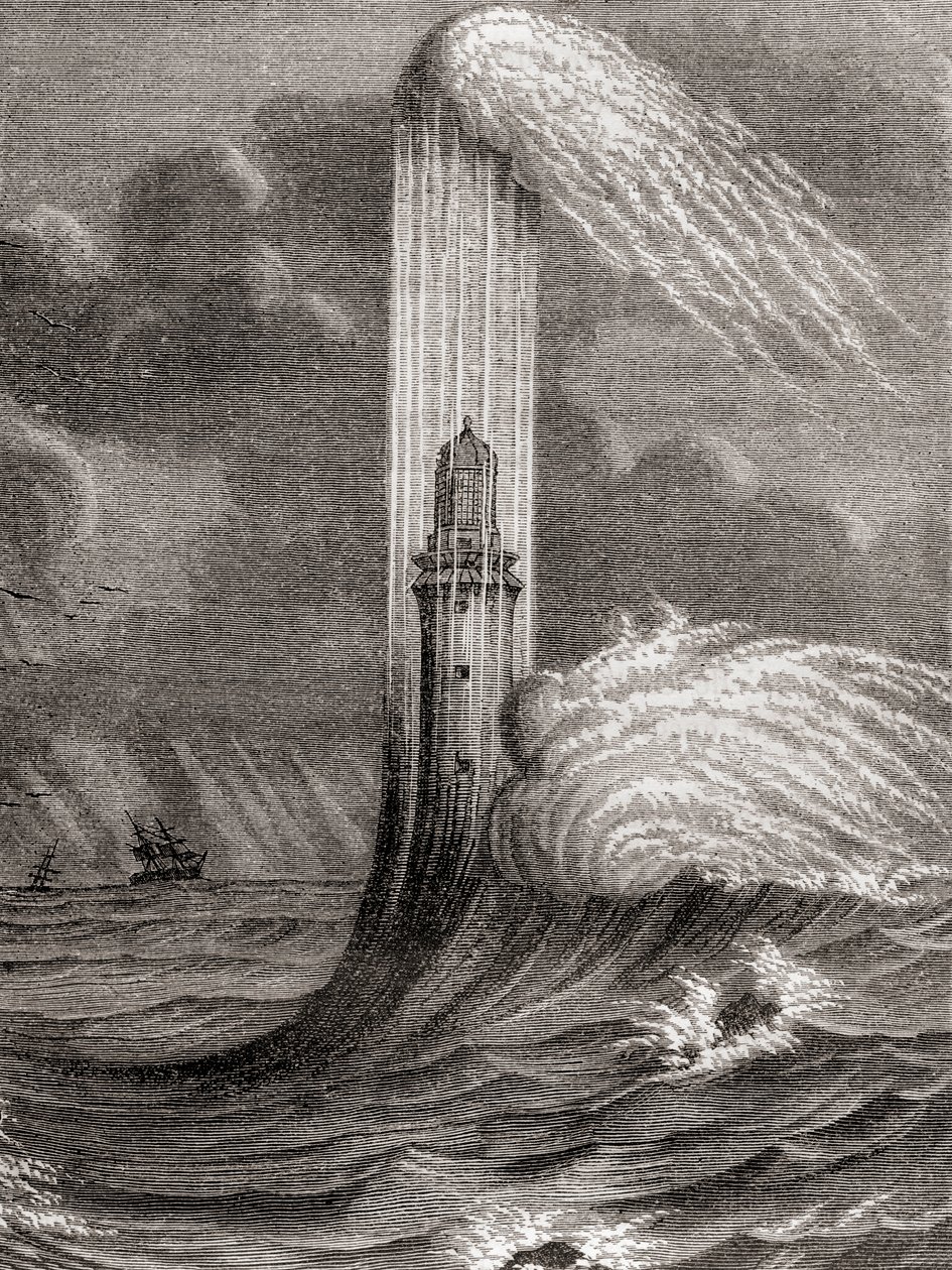 A 18. századi Eddystone világítótorony, amelyet John Rudyard épített, Eddystone Rocksban, Rame Head közelében, Angliában, a „Les Merveilles de la Science”-ből, megjelent 1870 körül (metszet) alkotó: French School
