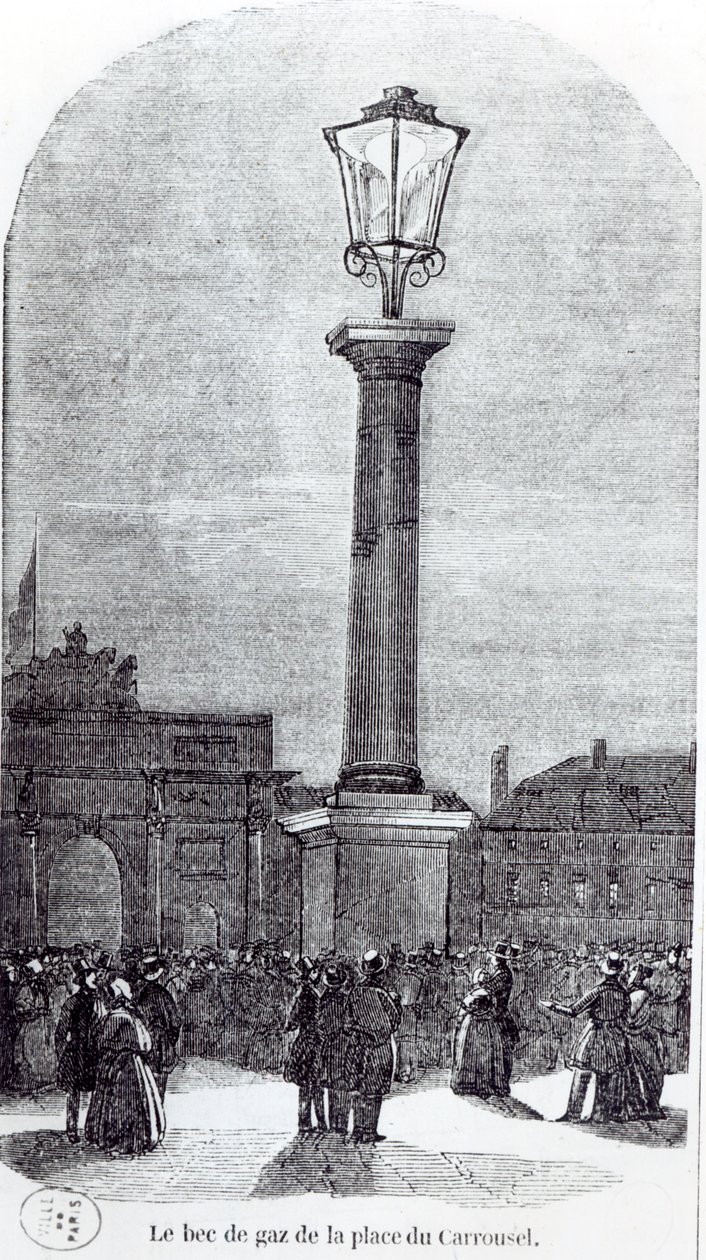 Az 1. gázlámpa Párizsban a Place du Carrouselen 1818-ban alkotó: French School