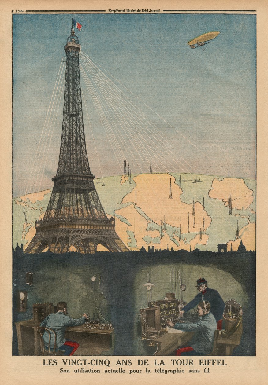 A vezeték nélküli távíráshoz használt Eiffel-torony 25. évfordulója, a „Le Petit Journal” hátsó borítójának illusztrációja, illusztráció, 1914. április 19. alkotó: French School