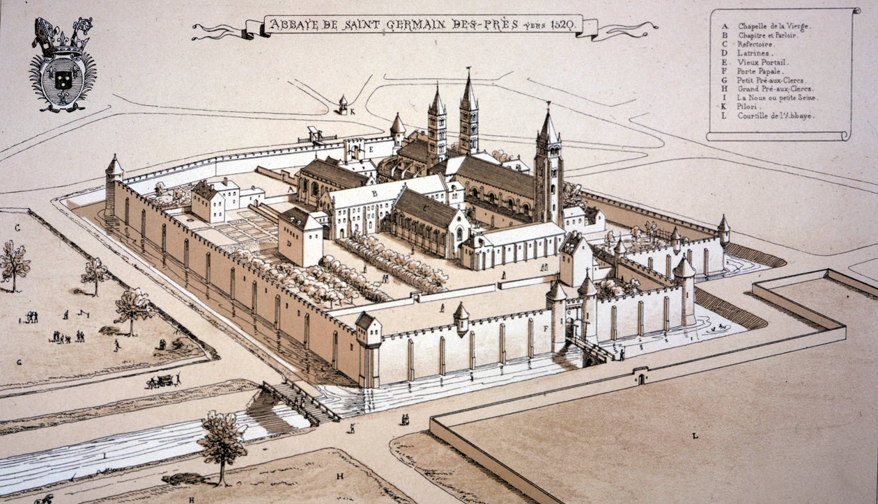 A Saint-Germain-des-Prés-i apátság 1520 körül (színes metszet) alkotó: French School