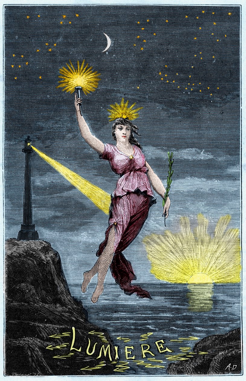 A fény allegóriája – Allegorie de la Lumiere – Alexis Clerc „A tudományok mindenki számára elérhetővé téve – fizika és kémia” vésése – 19. század vége – Magángyűjtemény alkotó: French School