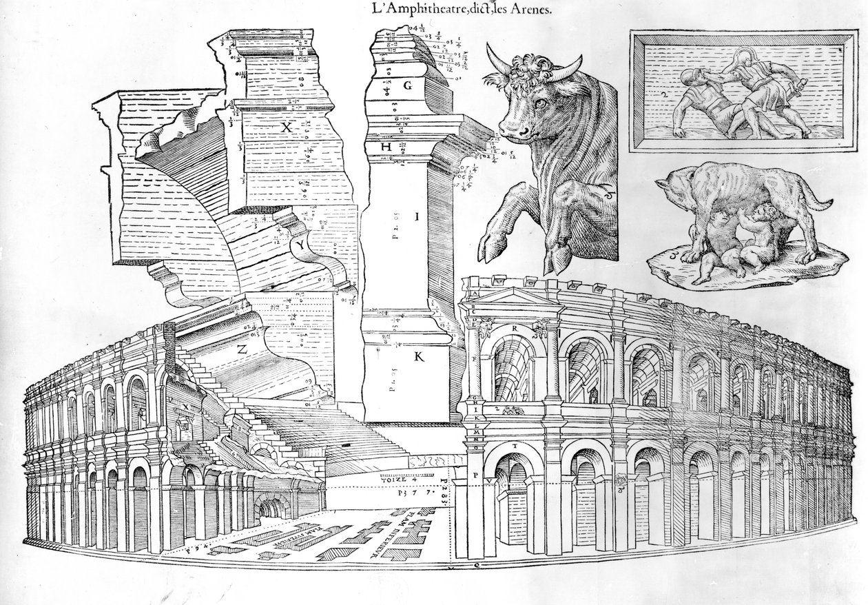 A nimesi aréna, az 1560-ban megjelent Jean Poldo dAlbenas által készített Discours historial de lantique et illustre cite de Nismes illusztrációja alkotó: French School