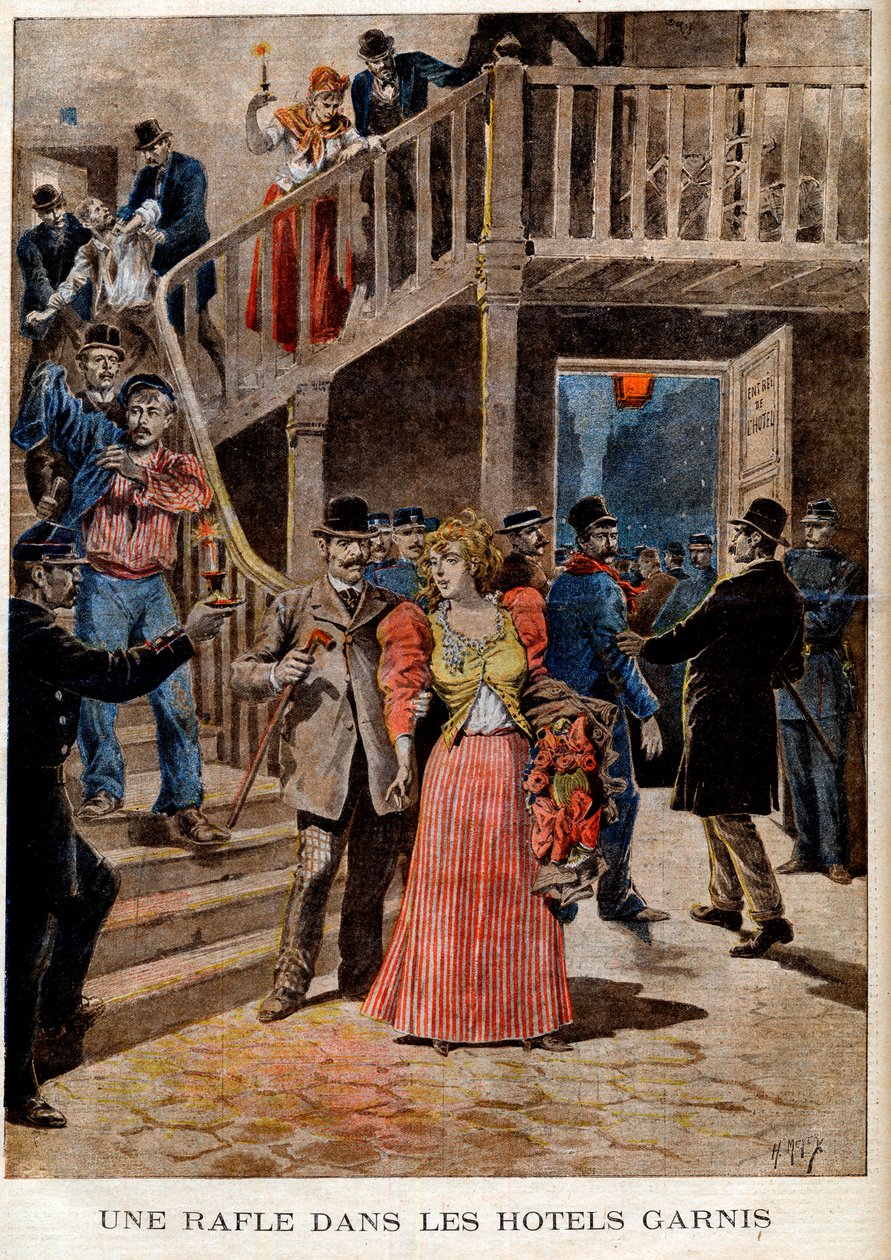 Prostituáltak letartóztatása a párizsi szállodákban (panzió) - Összefoglaló a kitöltött szállodákban - „Le Petit Journal” 1895.08.04 (metszet) alkotó: French School