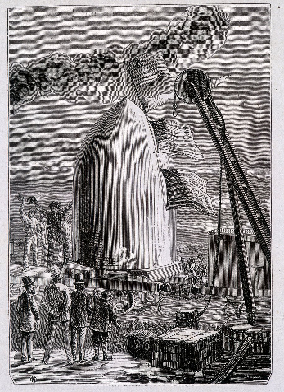 A lövedék megérkezése Stone-Hill-re – Jules Verne „A Földről a Holdra” című művében alkotó: French School