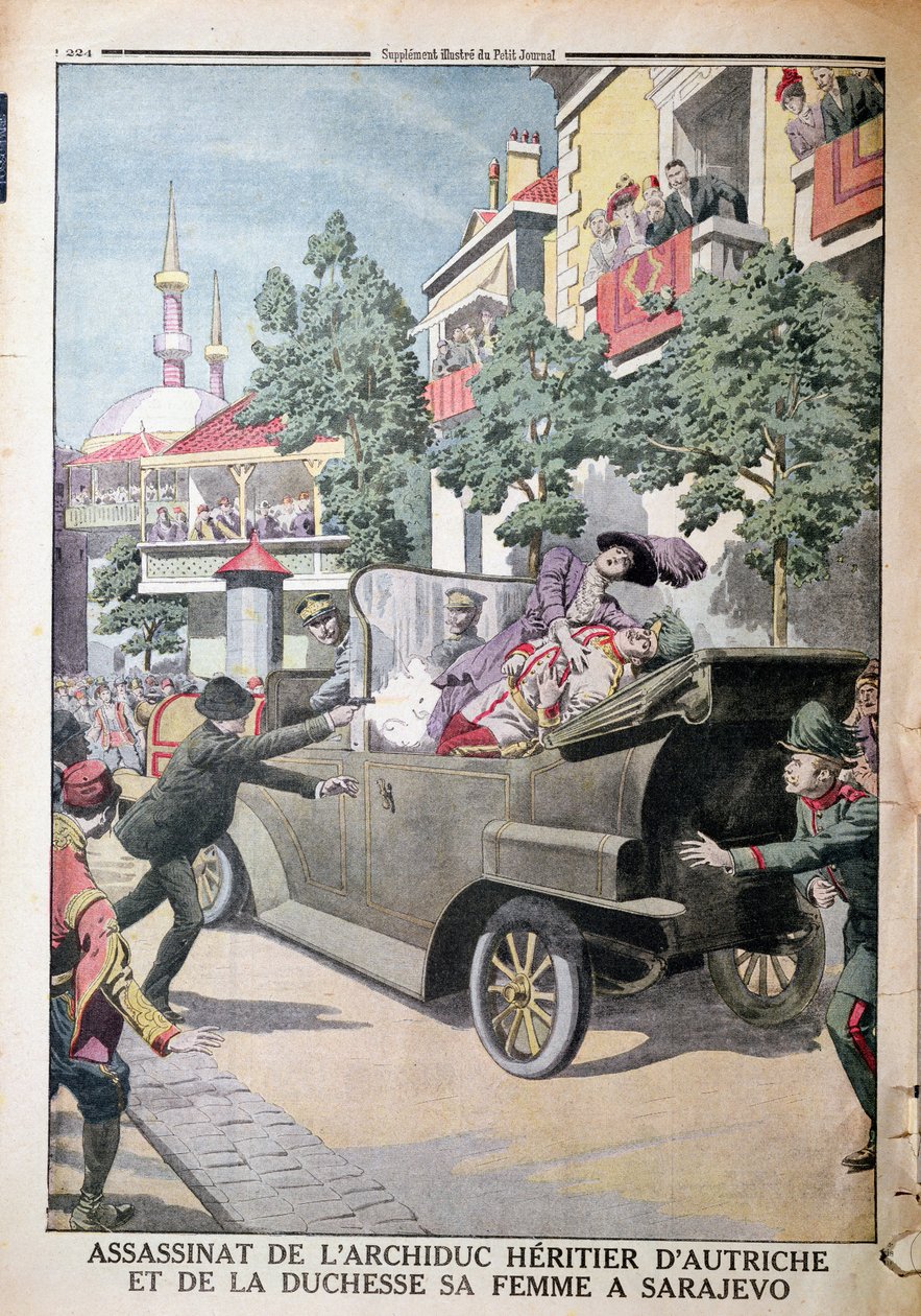 Ferenc Ferdinánd osztrák főherceg (1863-1914) és felesége, Zsófia hercegnő meggyilkolása Gavrilo Princip (1895-1918) által Szarajevóban, 1914. június 28-án, a Le Petit Journalból, 1914. július 12. alkotó: French School