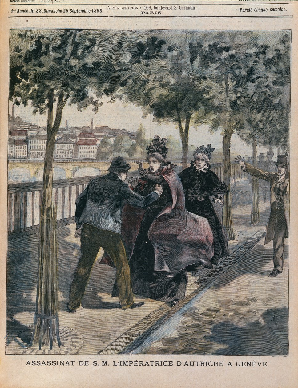 Erzsébet (1837-98) Ausztria császárnéjának meggyilkolása Genfben, a LAnnee Illustree címlapja, 1898. szeptember 25. (színes metszet) alkotó: French School