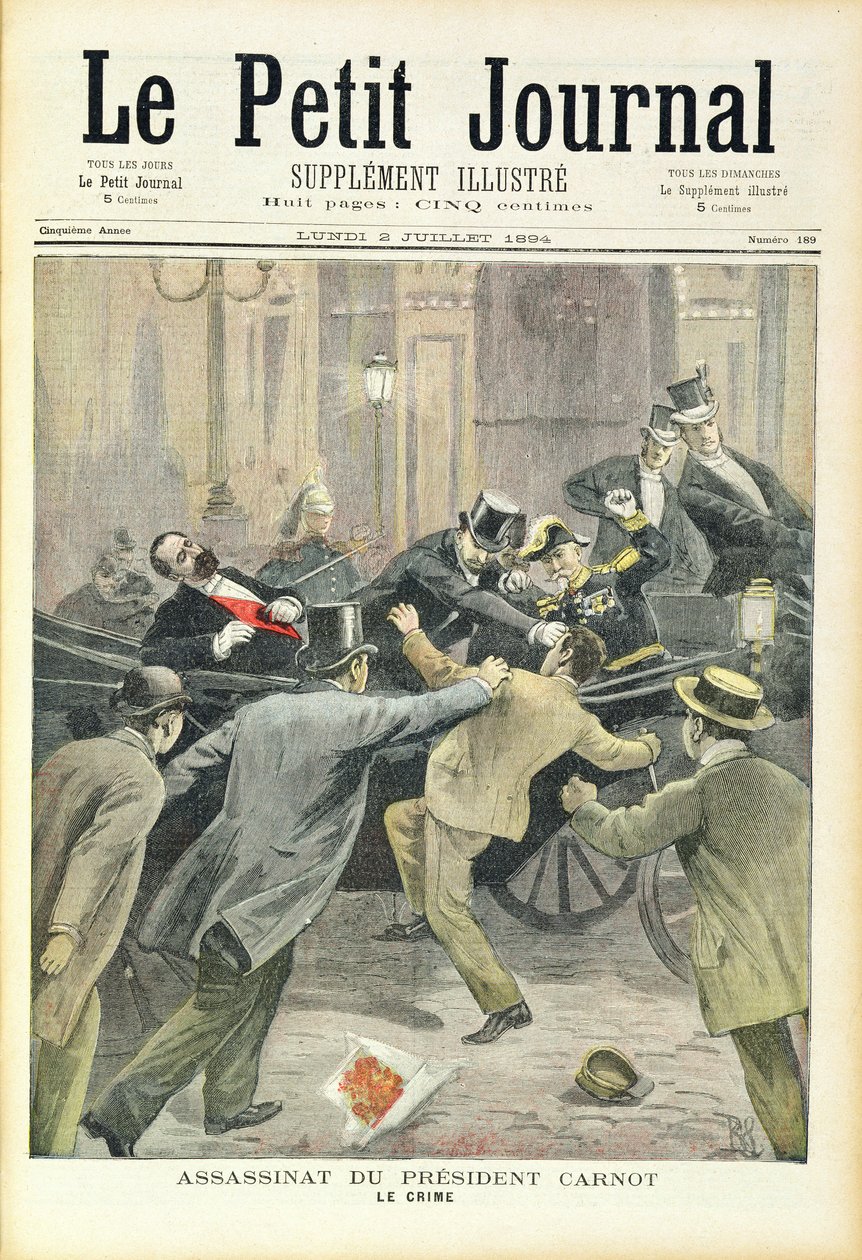 Carnot elnök meggyilkolása, a „Le Petit Journal”-ból, 1894. július 2. alkotó: French School