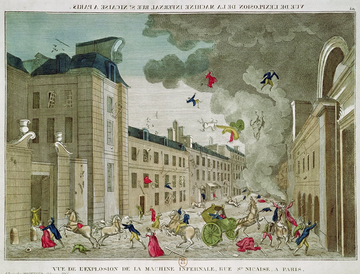 Napóleon Bonaparte (1769-1821) meggyilkolásának kísérlete a Rue Saint-Nicaise-n, Párizs, 1800. december 24. (színes metszet) alkotó: French School