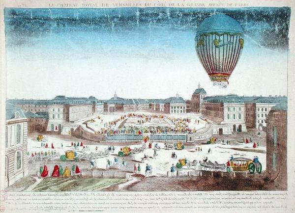 Francois Pilatre de Rozier (1754-96) léghajóútja a versailles-i kastély felett, június 23. alkotó: French School