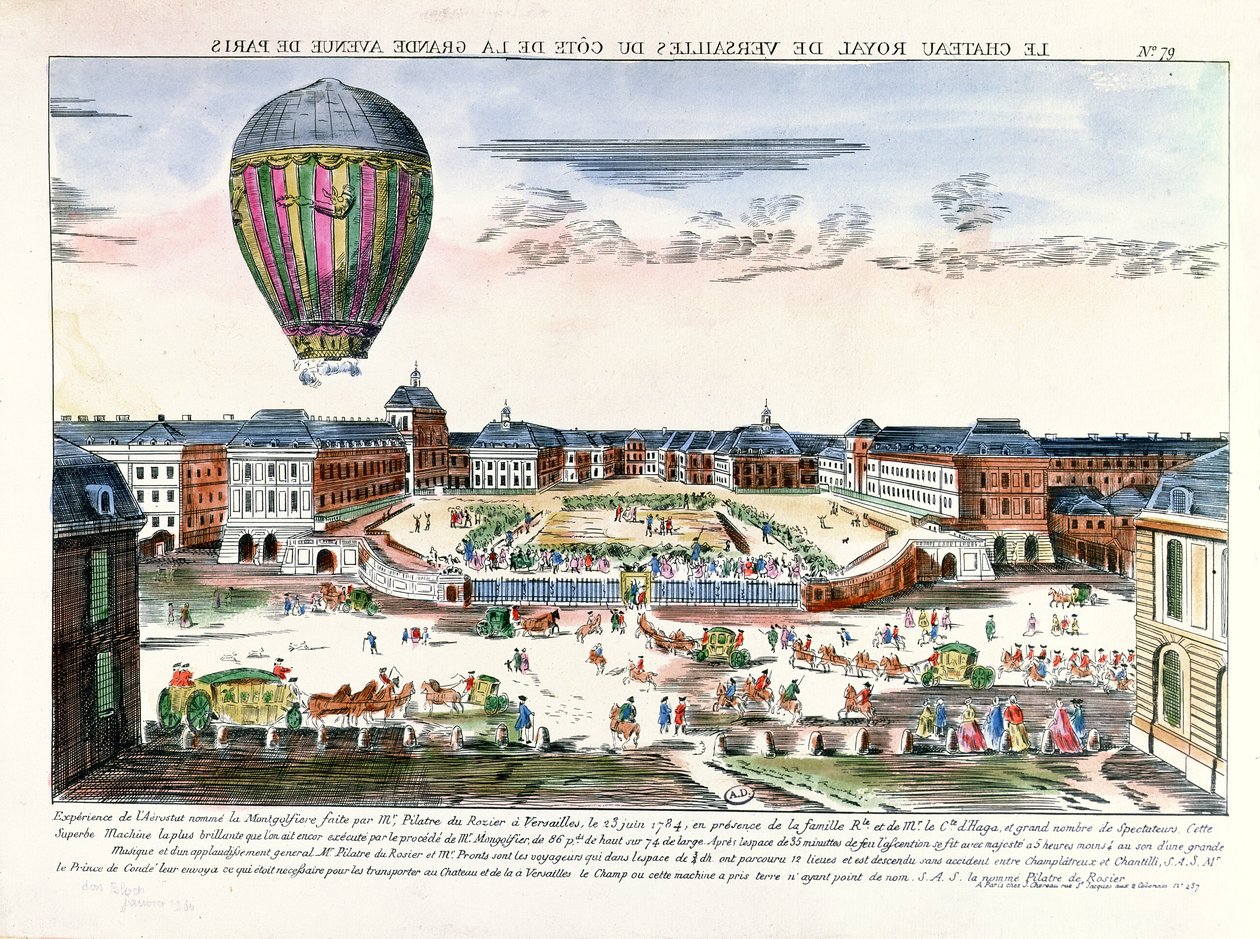 Francois Pilatre de Rozier (1754-96) ballonos utazása a Versailles-i kastély felett, 1784. június 23. alkotó: French School