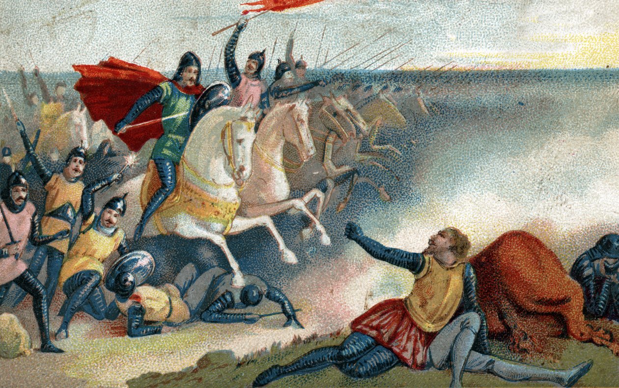 A hastingsi csata 1066. 10. 14-én II. Harold szászai és a Norman Armee (I. Hódító Vilmos) között. A 19. század végének kromolitográfiája. alkotó: French School