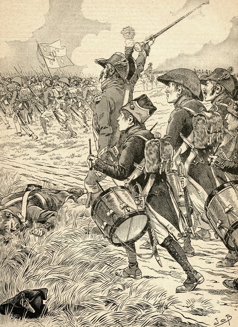 Az olaszországi marengói csata 1800-ban a Bonaparte Napóleon vezette francia csapatok és az osztrákok között vívott. Az Agenda Buvard du Bon Marche 1917-ben megjelent kiadványából. alkotó: French School