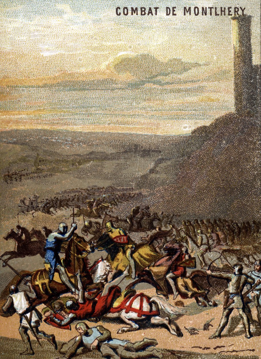 A montlheryi csata (1227): A királyságok és a feodalita – Blanche de Castille, fia, IX. Lajos régense a nagy feudálisok lázadásában. A „Hazafias nevelés képen keresztül” sorozat kromolitográfiája. alkotó: French School