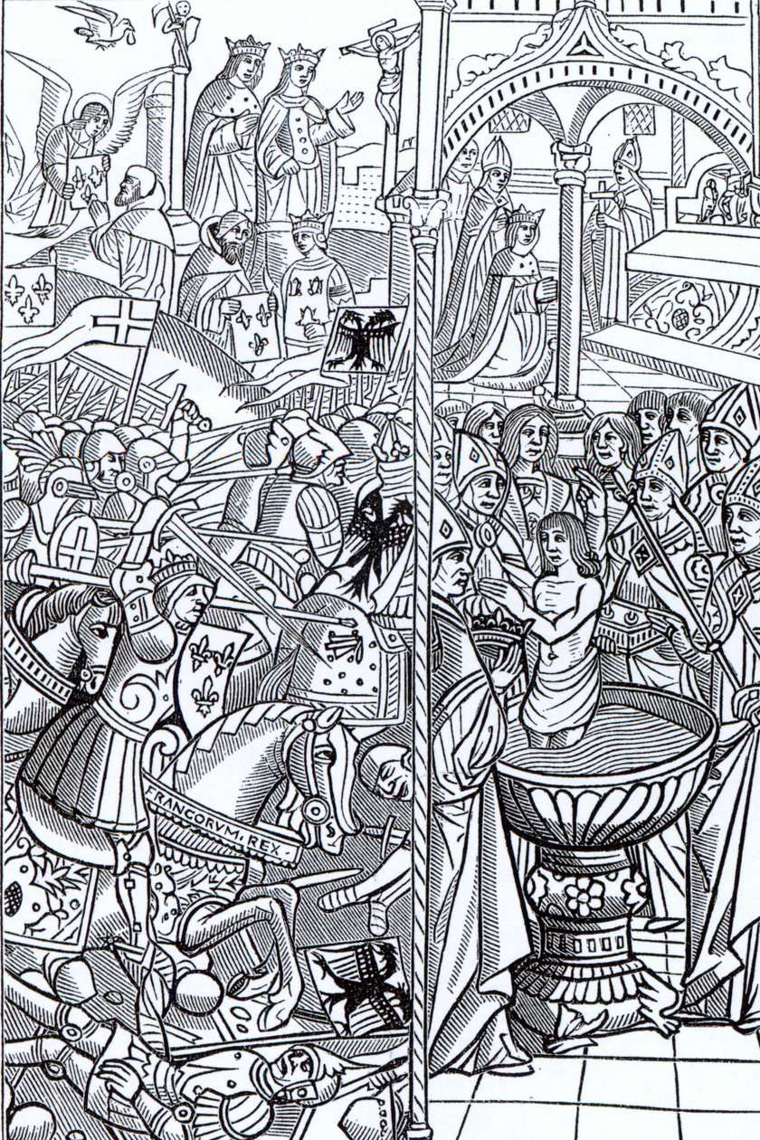 A tolbiaci csata és a Klodvig király megkeresztelkedése a Mirouer Historial de France-ból, 1516-ban alkotó: French School
