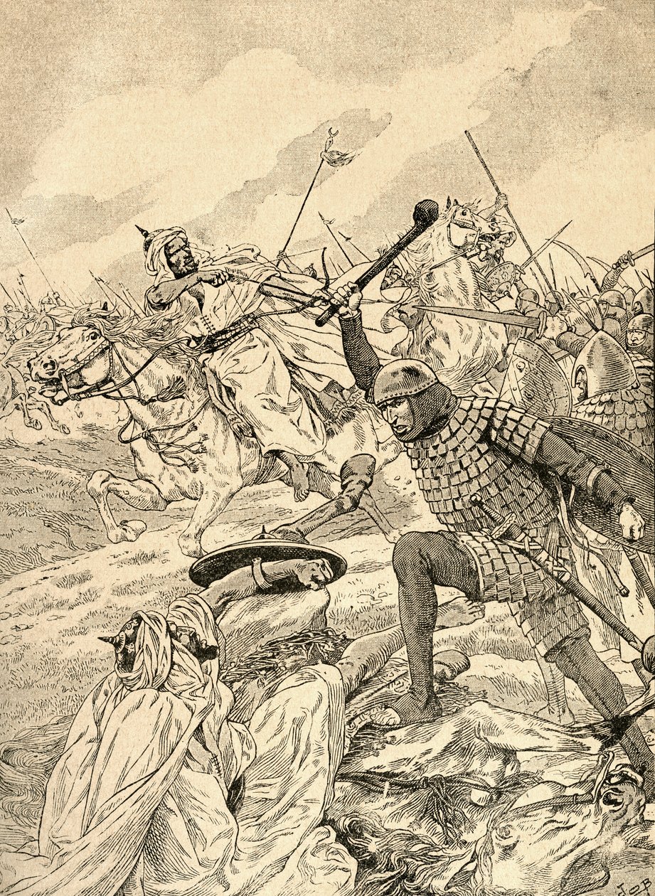 A tours-i csata, más néven The Battle of Poitiers, 732. Az Agenda Buvard du Bon Marche 1917-ben megjelent kiadványából. alkotó: French School