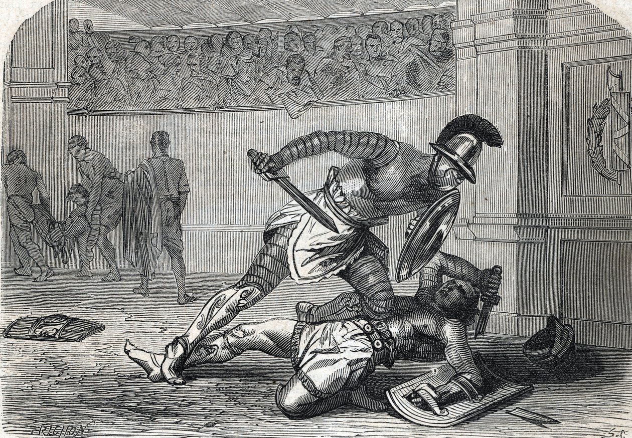 A gladiátorok csatája az arénában (metszet) 1864 alkotó: French School