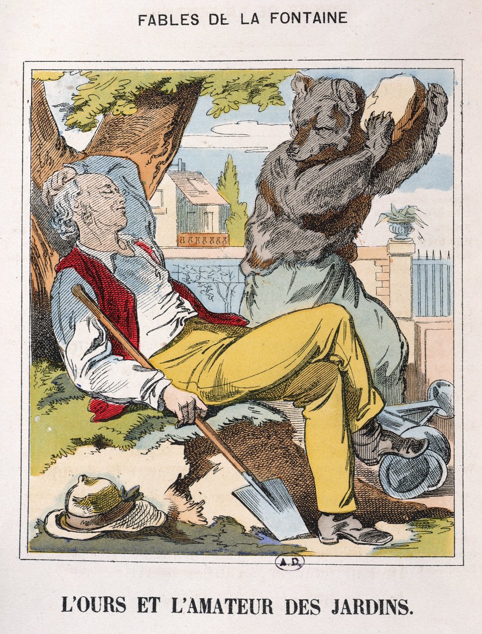 A medve és a kertész, a Fables de La Fontaine-ből (színes metszet) alkotó: French School