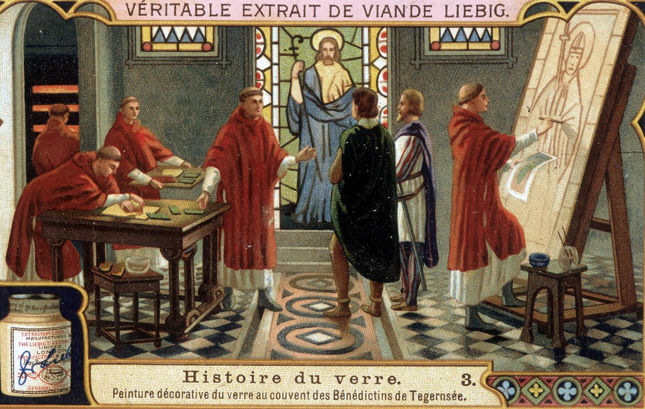 A bavierei (Németország) Tegernsee kolostor bencés szerzetesei díszítik az üveget. századi Liebig kromolitográfiája. alkotó: French School