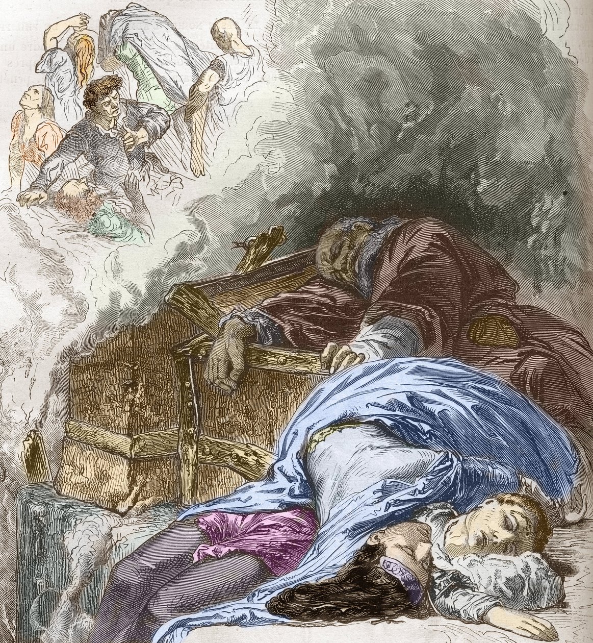 A fekete halál: zsidók lemészárlása, 1348, Charles Lahure illusztrációja a Histoire-populaire-de-France-ből, 1866 (kézzel színezett metszet) alkotó: French School