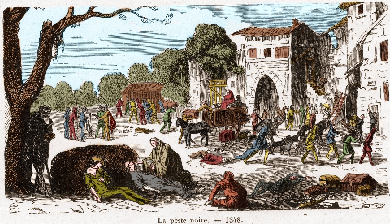 A fekete pestis 1348-ban. Metszet a „Histoire De France En Cent Paintings by Paul Lehugeur” 1891-ben. alkotó: French School