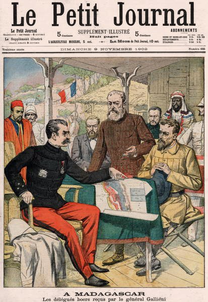 Joseph Simon Gallieni (1849-1916) tábornok által Madagaszkáron fogadott búr küldöttség, a Le Petit Journal 625. sz. színes mellékletének címlapja, 1902. november 9. alkotó: French School