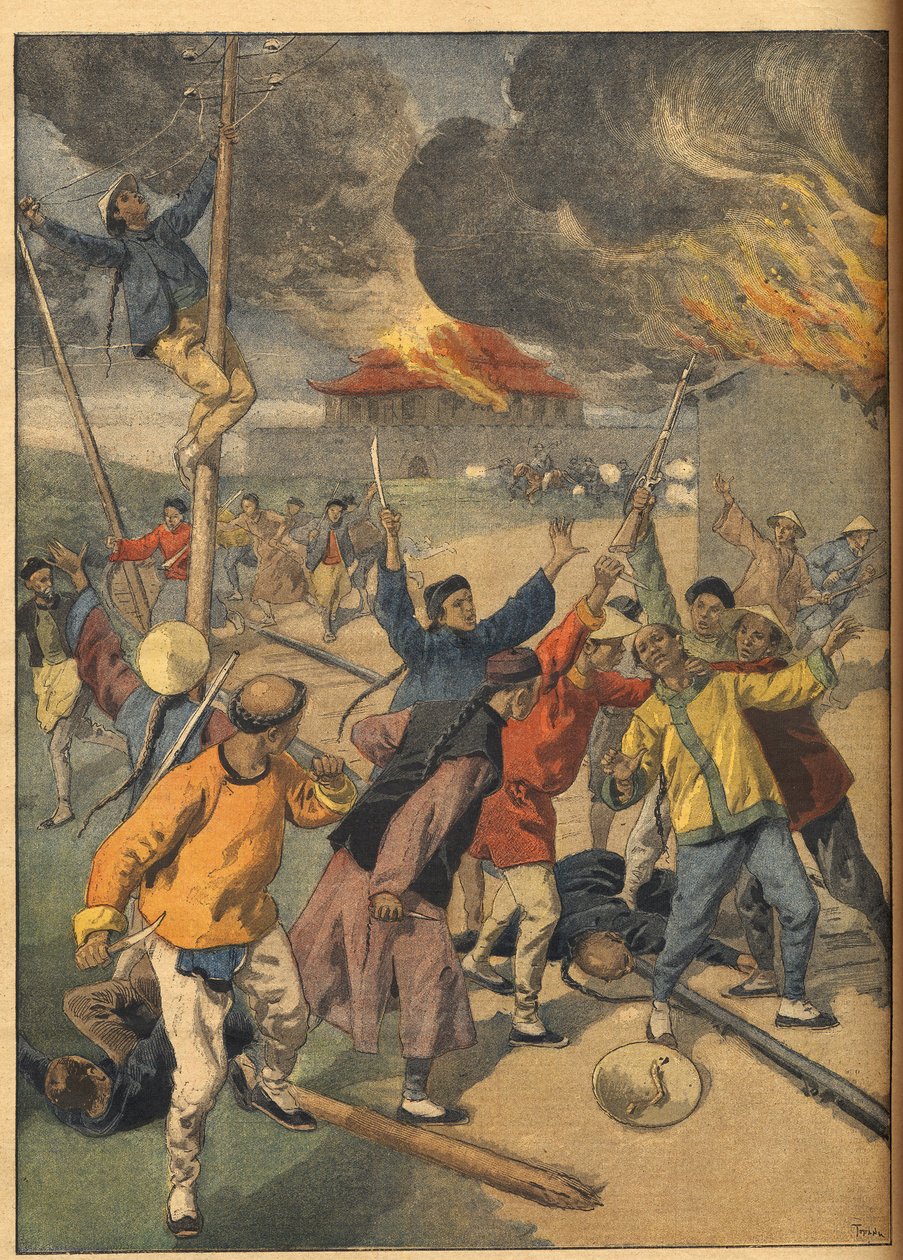 A boxerlázadás Kínában – Kínai események. A boxerek. Illusztráció a Le petit Journalhoz, 1900. június 24. alkotó: French School