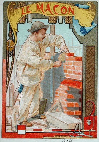 A kőműves, illusztráció egy szakmáról szóló könyvből. 1899 körül (színes litográfia). alkotó: French School