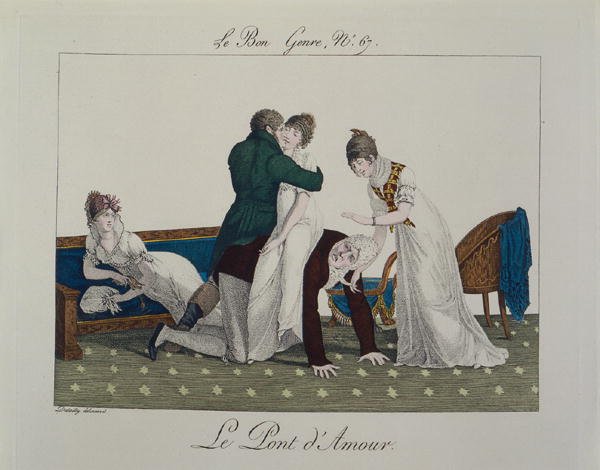 A szerelem hídja, 67. tábla a „le Bon Genre”-ből, 1810 körül (színes metszet) alkotó: French School