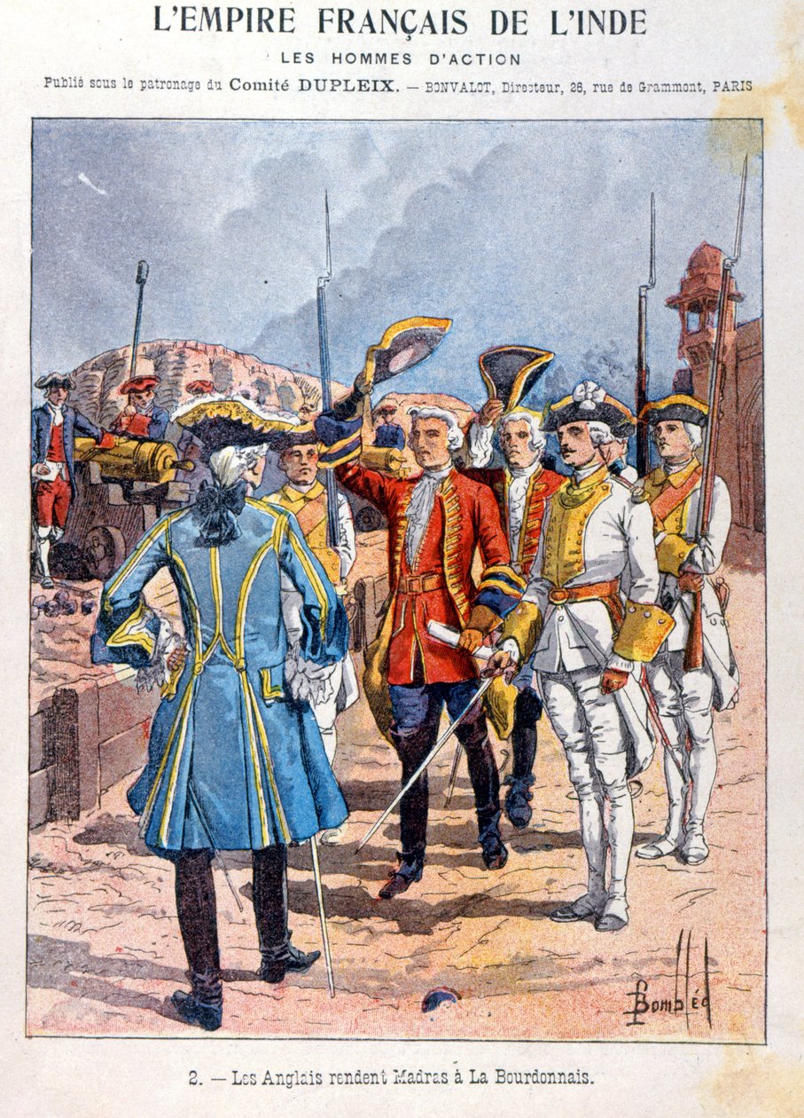 A britek átadják Madrast Mahe de la Bourdonnais francia parancsnoknak 1746. szeptember 21-én, az iskolai füzet borítója, 1900 körül alkotó: French School