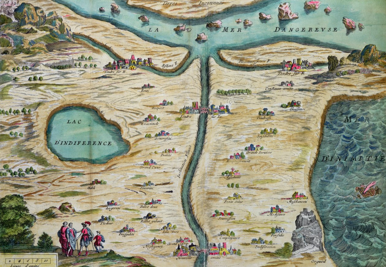 A Carte du Tendre, egy képzeletbeli ország térképe, Clelie II. kötetéből, Mademoiselle de Scudery által írt, Francois Chauveau (1613-76) metszete 1656 alkotó: French School