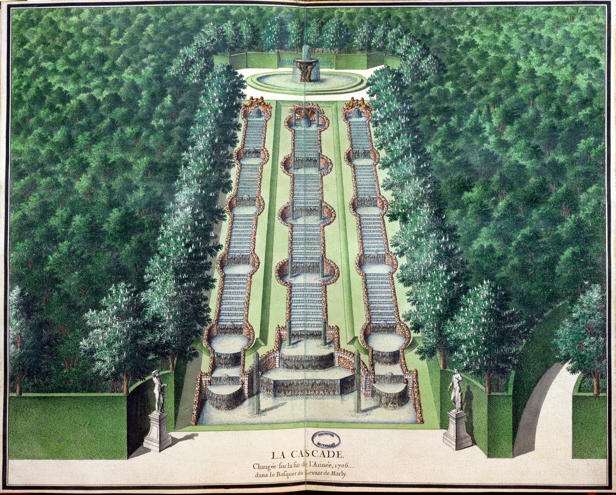 Az 1706 végén átalakított Cascade a dombon lévő ligetben, a Gardens of Marlyból, 18. század eleje (papíron wc) alkotó: French School