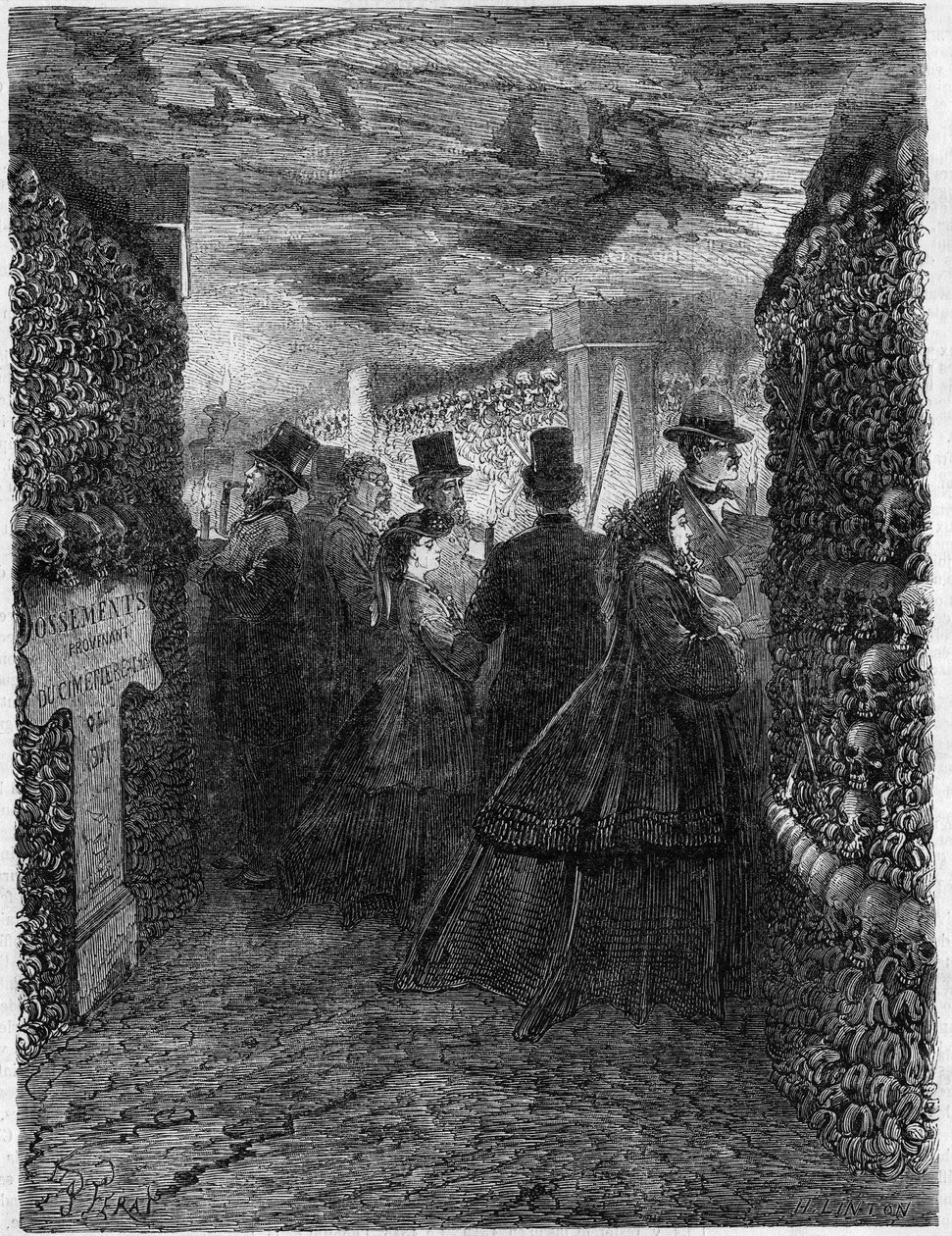 Párizs katakombái 1865-ben: Látogatás az Ossuaire galériáiban. alkotó: French School