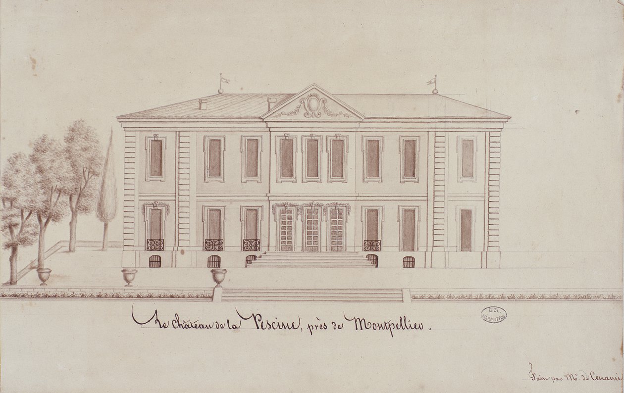 A Chateau de la Piscine, Montpellier közelében, Monsieur de Cenani rajzolta (ceruza és tinta papírra) alkotó: French School