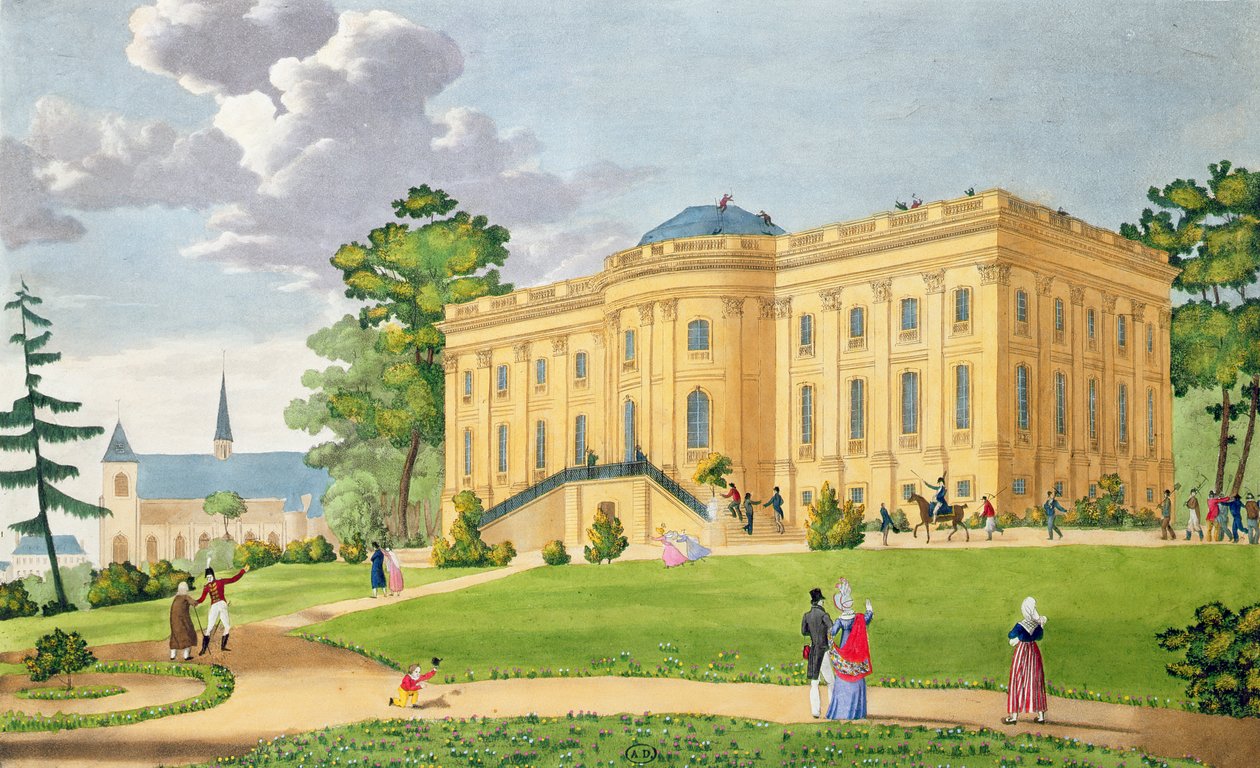 Montmorency kastély, Párizs közelében, 1815-20 körül (színes metszet) alkotó: French School