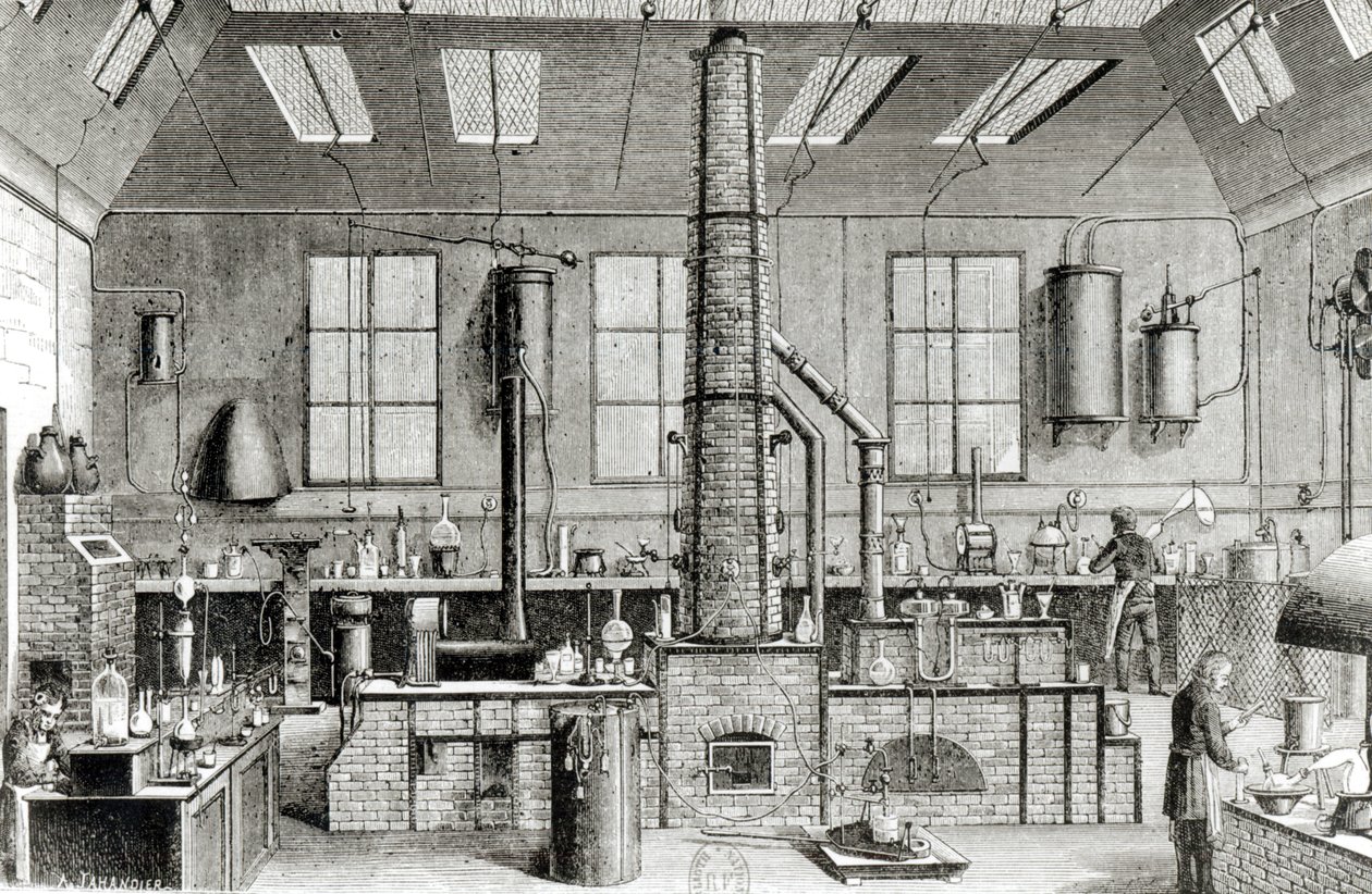 Egy párizsi iskola kémiai laboratóriuma, Almanach du Magasin Pittoresque, 1870 alkotó: French School