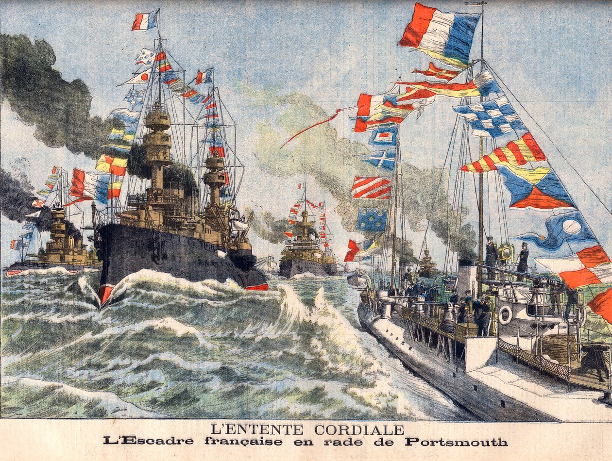 A szívélyes antant. Angol haditengerészeti osztag Portsmouth kikötőjében. A szívélyes antant. French Wing Portsmouthban. Illusztráció a Le Petit Journal számára alkotó: French School