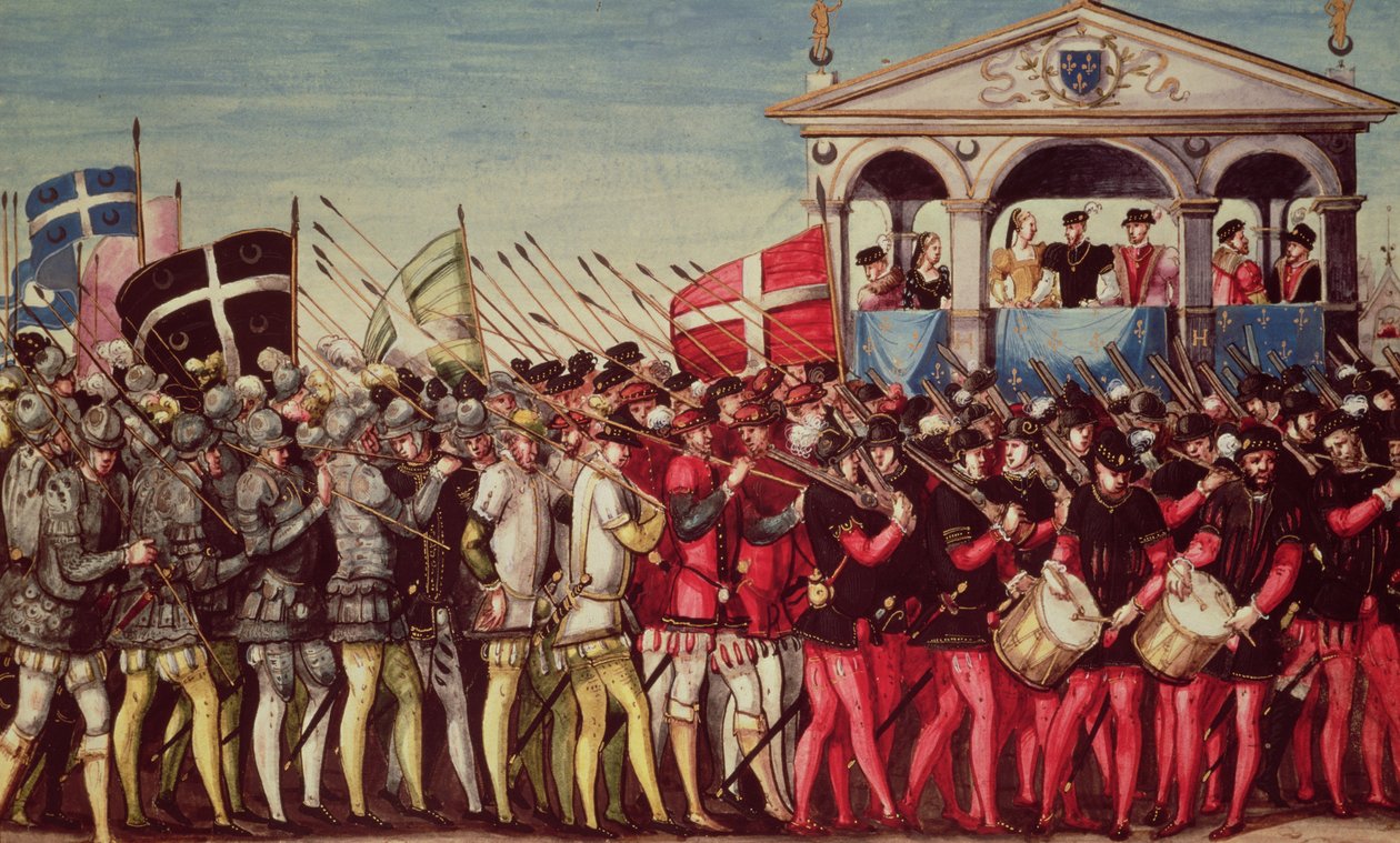 A dobosok és katonák csapata II. Henrik (1519-59) roueni királyi belépő fesztiválján, 1550. október 1. alkotó: French School