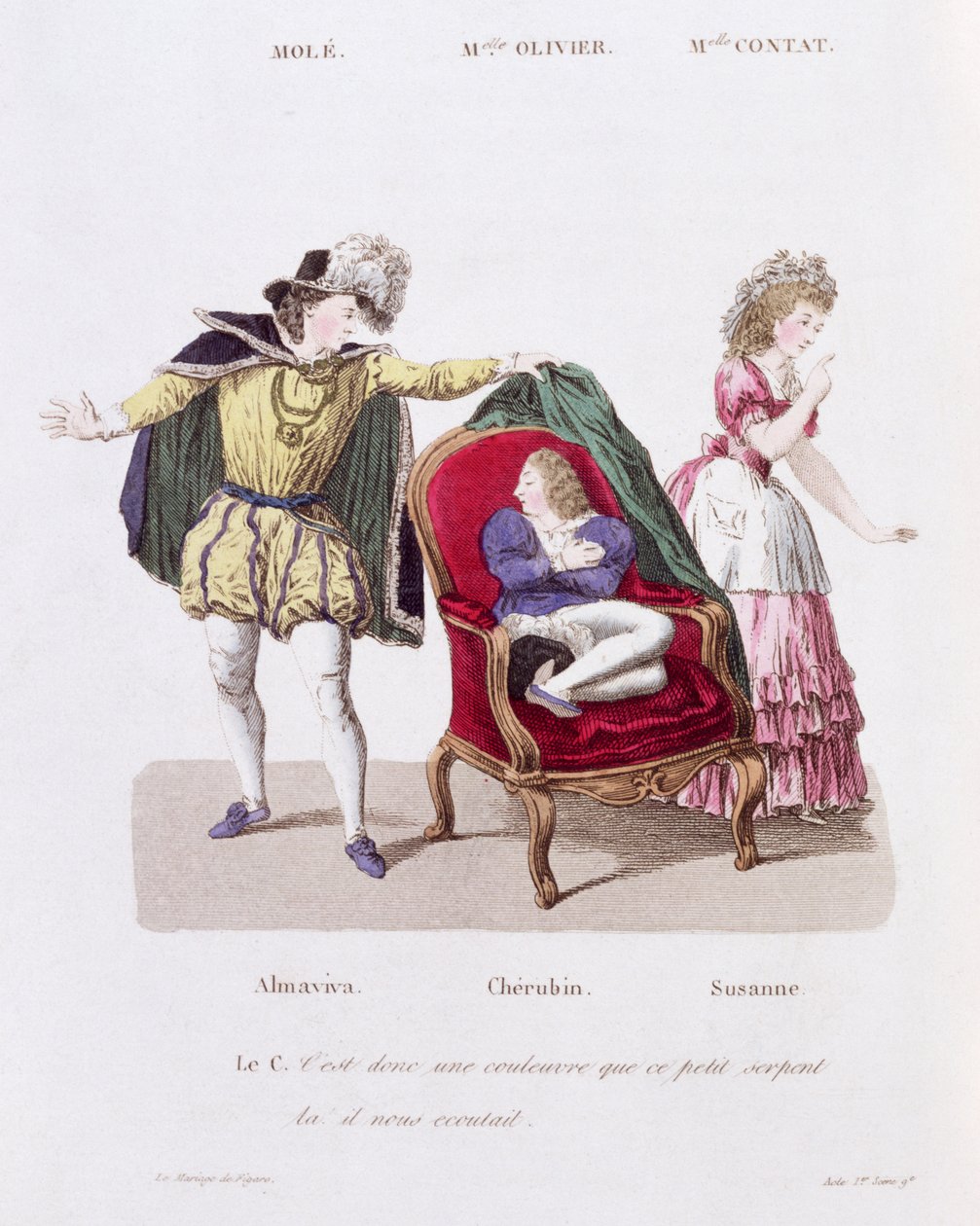 A gróf felfedezi Cherubint, Pierre Augustin Caron de Beamarchais (1732-99) Figaro házassága című 9. jelenete I. felvonás alkotó: French School