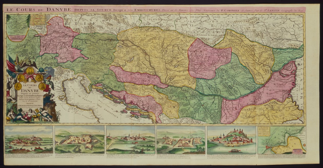 A Duna folyása a forrástól a torkolatáig, P. Coroneli és S. Sanson, Földrajztudós a királyig legfrissebb visszaemlékezései alapján (színes litó) alkotó: French School
