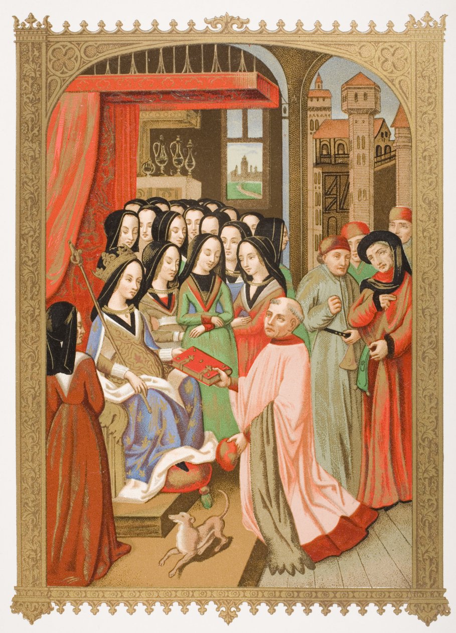 Anjou Mária udvara (1404-63) a „Pokol tizenkét veszedelme” című miniatúrájának fakszimileje, Paul Lacroix (1806-84) „Le Moyen Age et La Renaissance” című művéből, 1847-ben. alkotó: French School