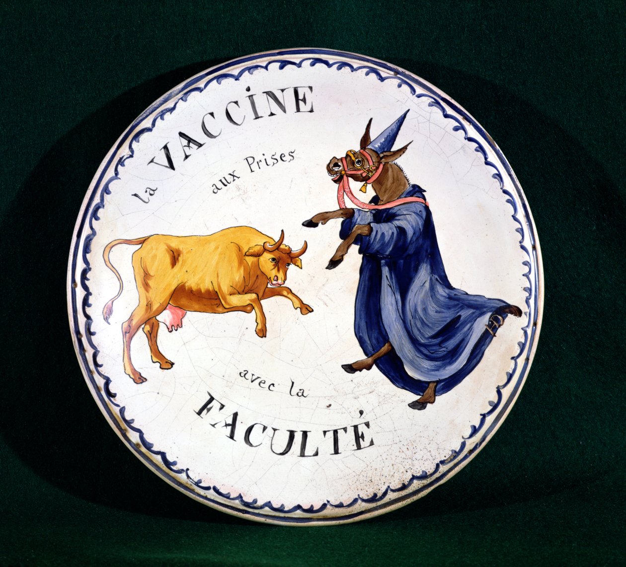 A tehénhimlő harcban áll az orvosi hivatással, 1800 körül (mázas kerámia) alkotó: French School