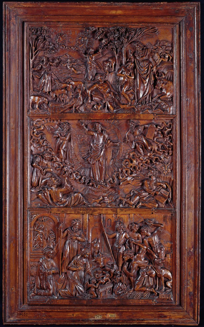 A Credo, I. panel: A világ teremtése, színeváltozása, angyali üdvözlet és születés, 1587 (fa) (lásd még: 414037-9) alkotó: French School