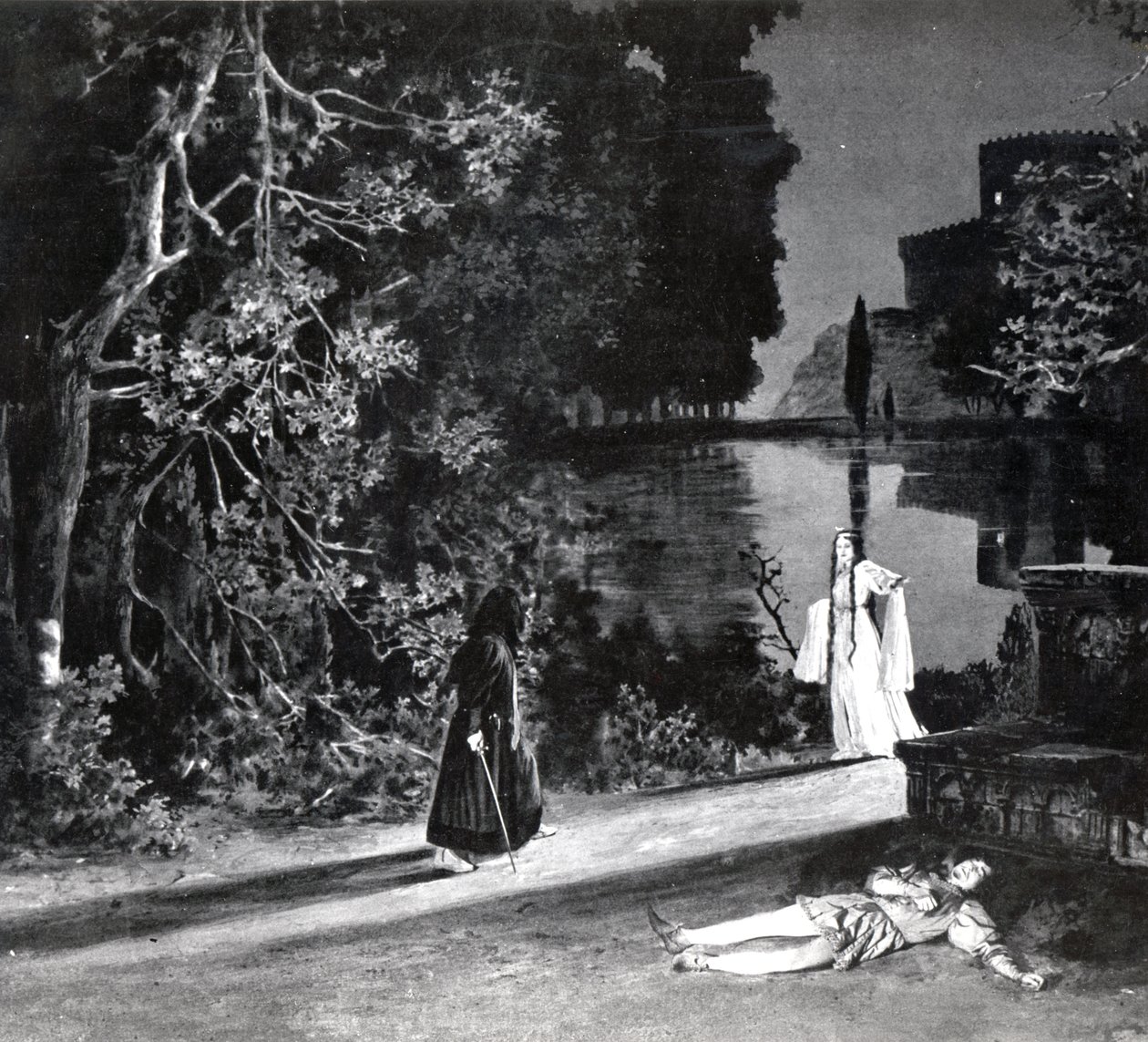 Pelleas halála, IV. felvonás, Debussy Pelleas et Melisande 4. jelenete, a párizsi Opera-Comique opera 1902. áprilisi első előadásának fényképéről, illusztráció a Theater m-ben alkotó: French School