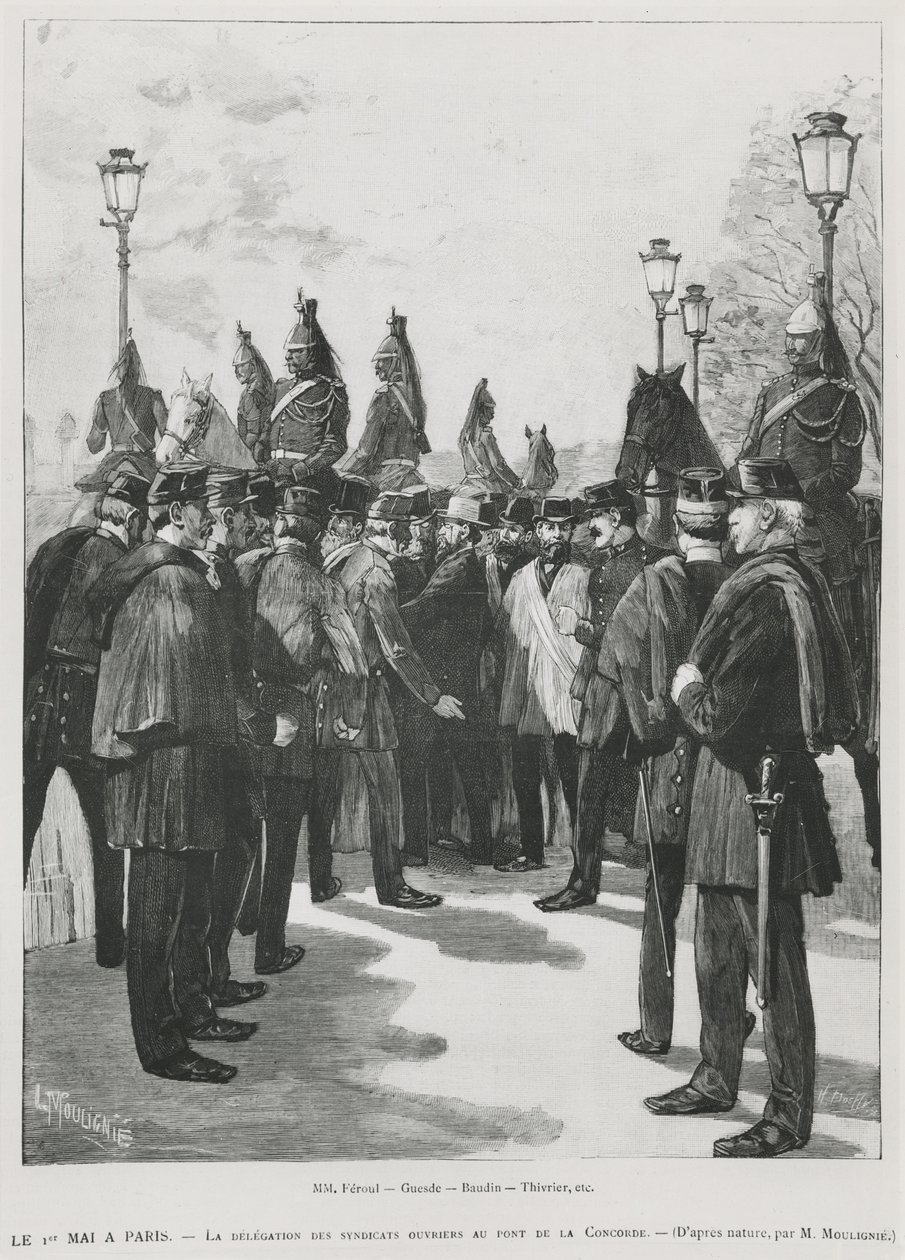 A szakszervezetek küldöttsége Pont de la Concorde-ban a május 1-jei párizsi tüntetésen, 1890. május 1-jén, metszet: L. Moulignie, rengő) alkotó: French School