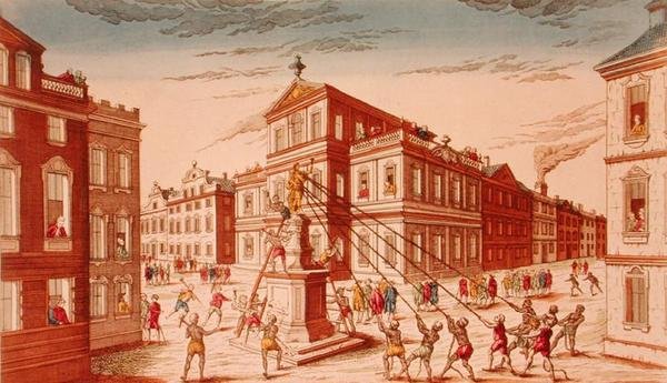 A New York-i királyi szobor lerombolása, a függetlenségi háború kezdete alkotó: French School